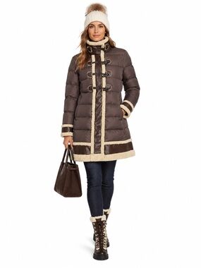ADD Brown Down Puffer Coat Faux Shearling Toggle Trim Long Jacket Size 6